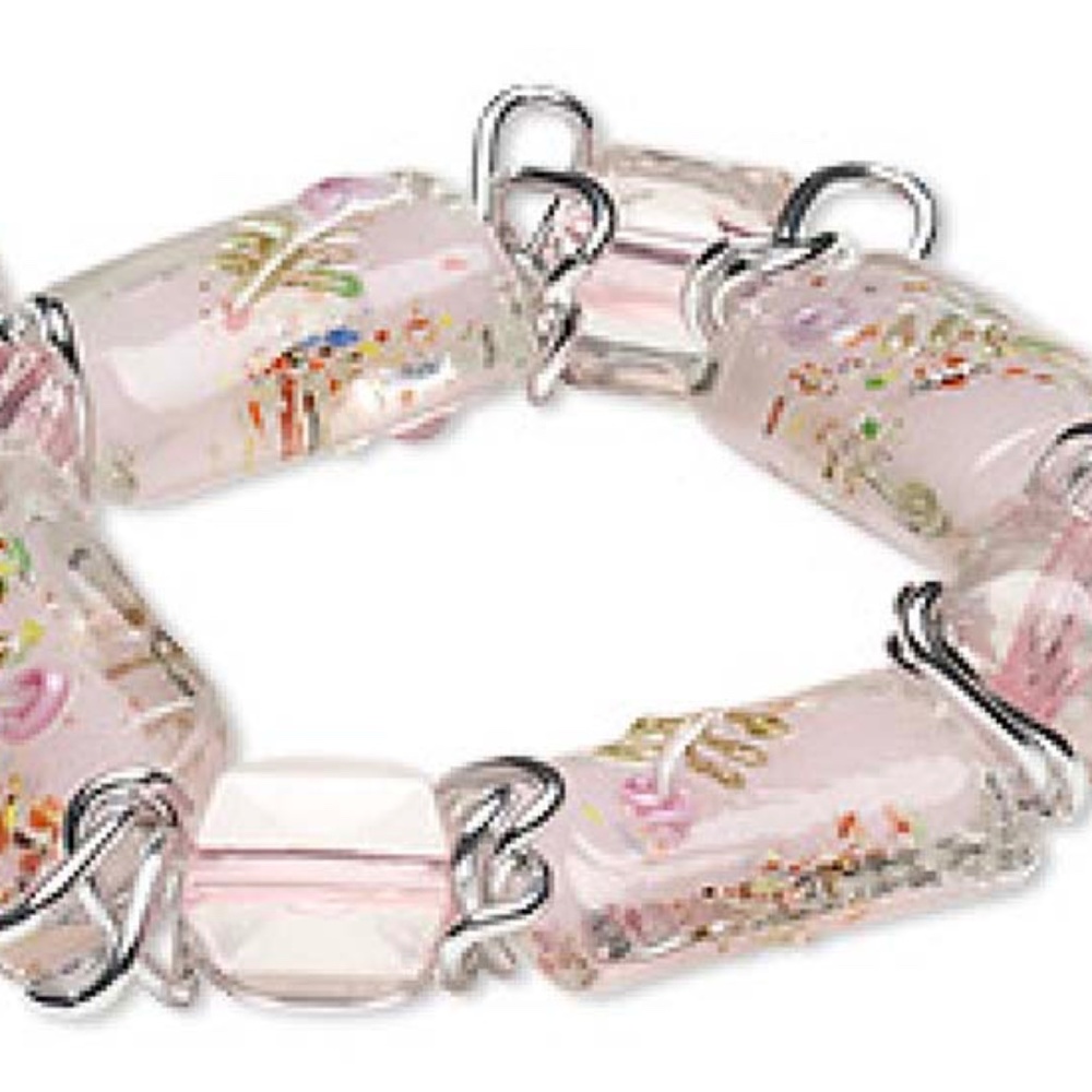 BRACELET, GLASS AND ALUMINUM, PINK AND MULTICOLOUR RECTANGLE BEADS, STRETCHY,